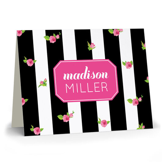 Black and White Floral Stripe Folded Note Cards